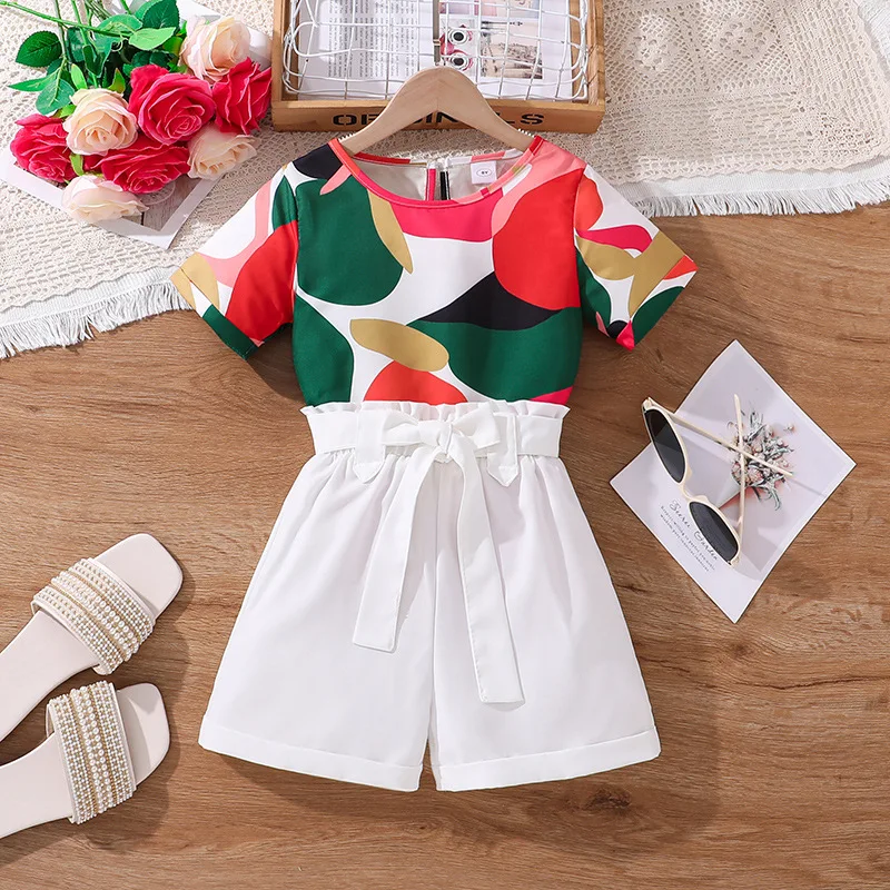 

2024 Summer Child Clothes Sets Short Sleeve Print T-shirt White Shorts 2 Piece Sets Designer Girls Clothes Sets 8-12T