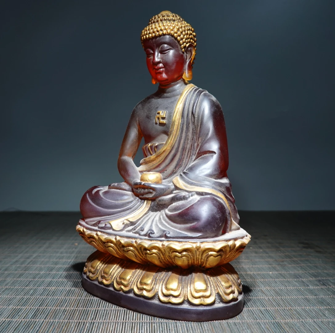 Ancient China Colored Glaze Liuli Crystal Tathagata Buddha Statue Feng Shui Home Decor Prayer Supplies Pray Kai Guang Ornaments