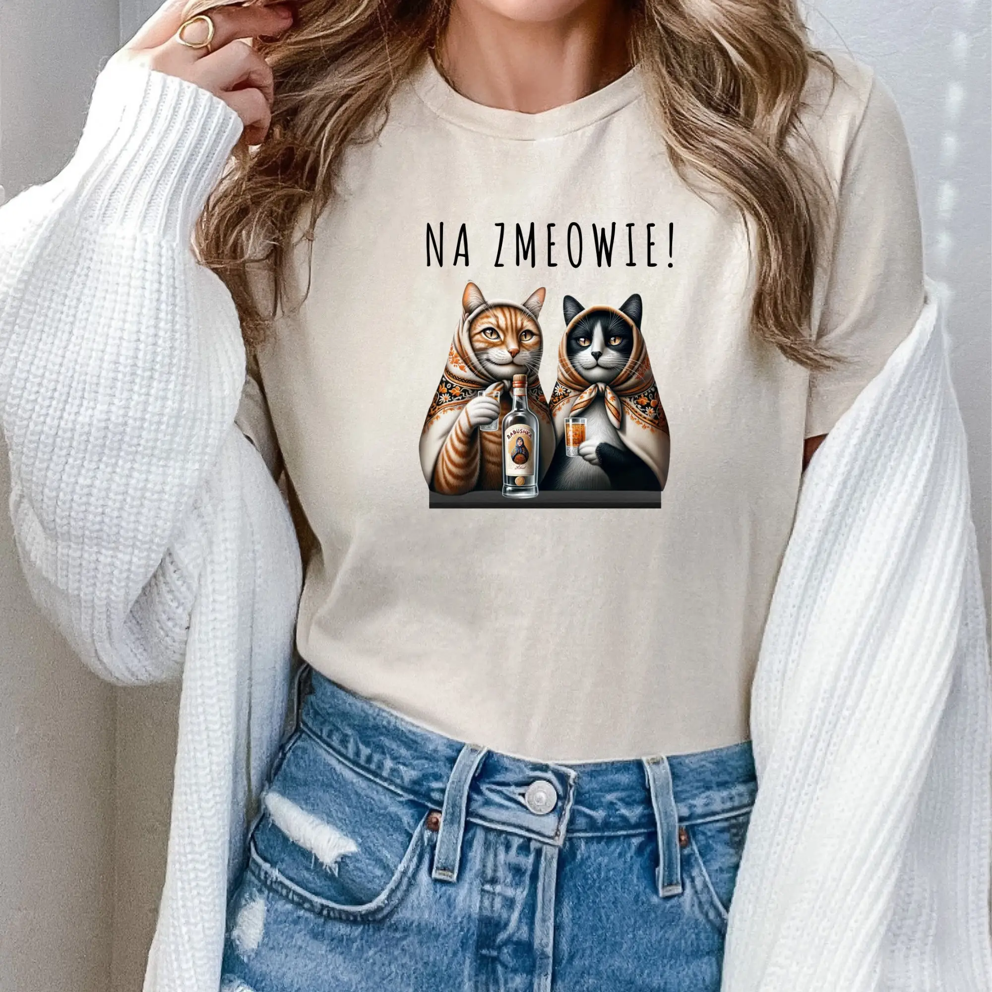 Polaco Babushka CaT camiseta Na Zdrowie Pun Jersey para Humor