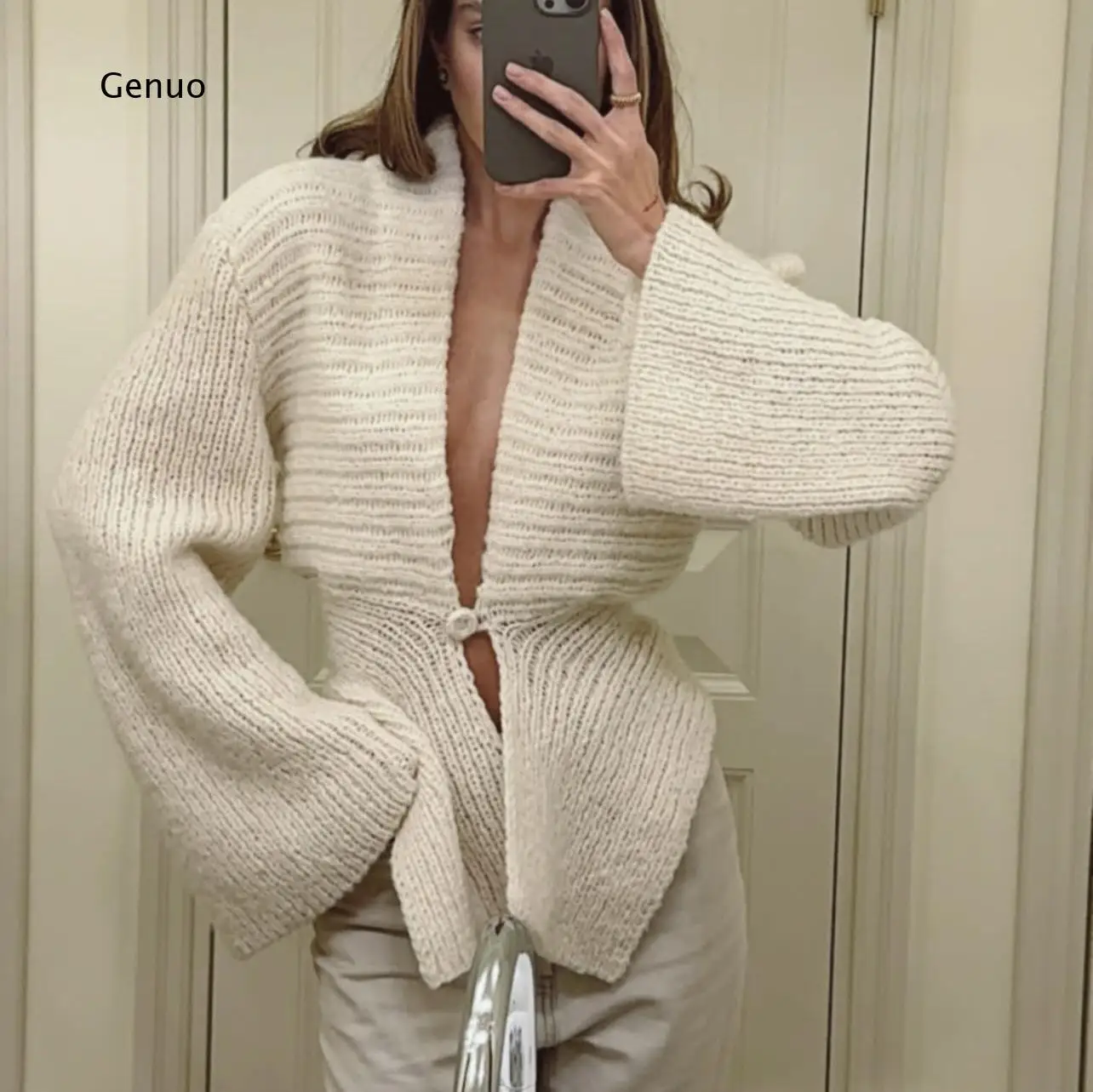 Elegant Ladies Solid Color Knitwear Jacket Soft Comfortable Fall Winter Vacation Daily Outerwear