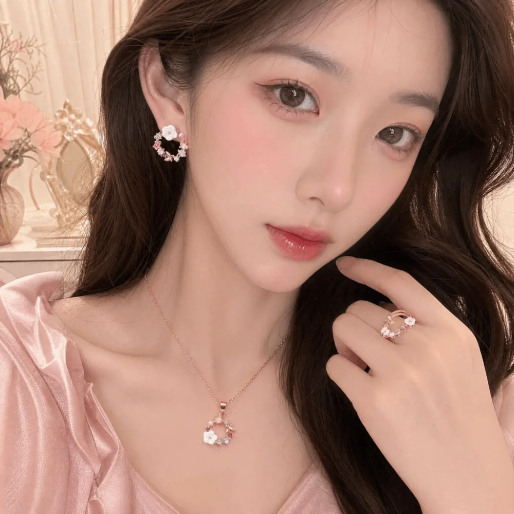4 Pcs/Set Elegant Rose Gold Jewelry Set Simple Ornate Petal-Inspired Zircon Necklace Ring Earrings Set Exquisite Design Dainty