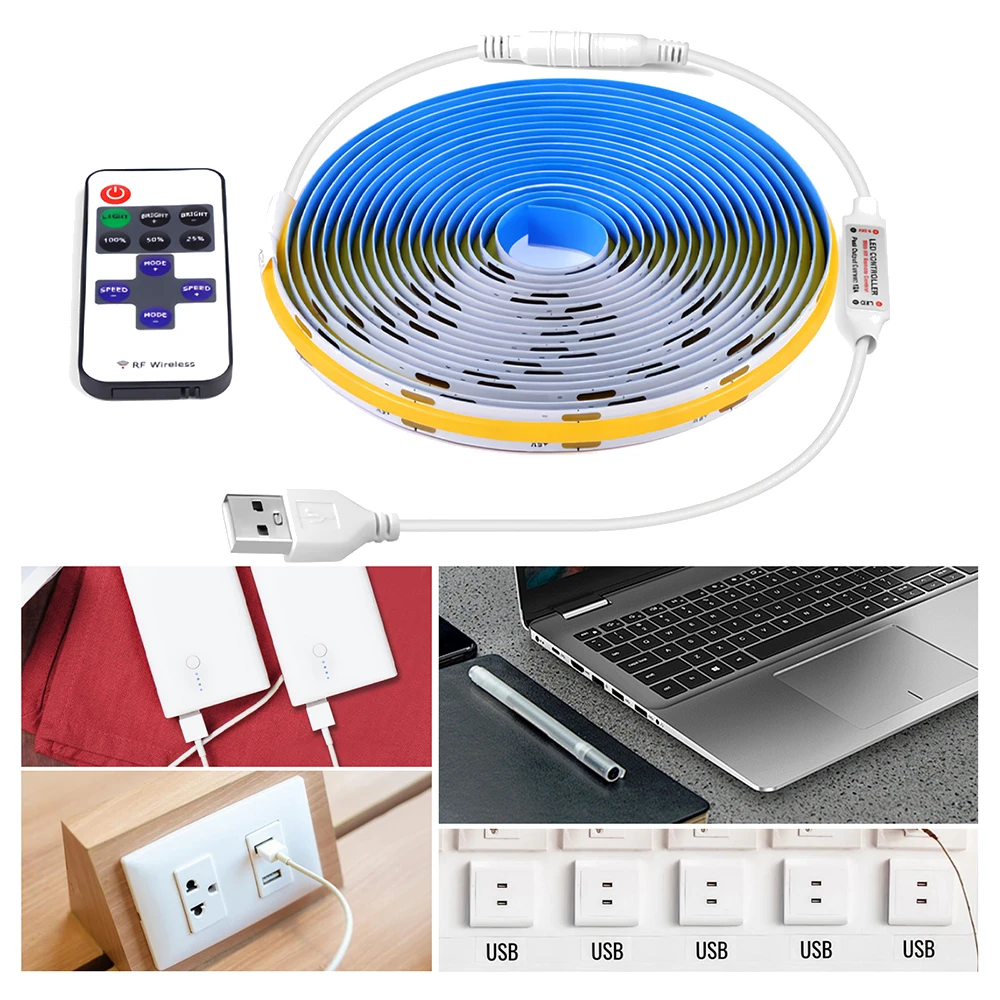 5V Dimmable COB LED Light Remote Control Dimmer Kit Red Blue White Warm White Strip Tape 320LEDs/m Home Lighting Cabinet Decor