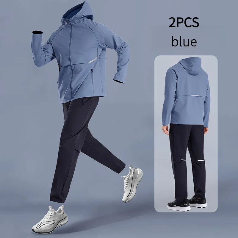 2-PCS Men's Spring New Hooded Quick Dry Jacket Running Suit Professional Training Wear Breathable Sweat Absorbent Fitness Long