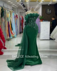 New Emerald Green Long Dubai Evening Dresses 2024 Beading Crystals Pearls Sheer Neck Birthday Party Gowns Mermaid Prom Dress