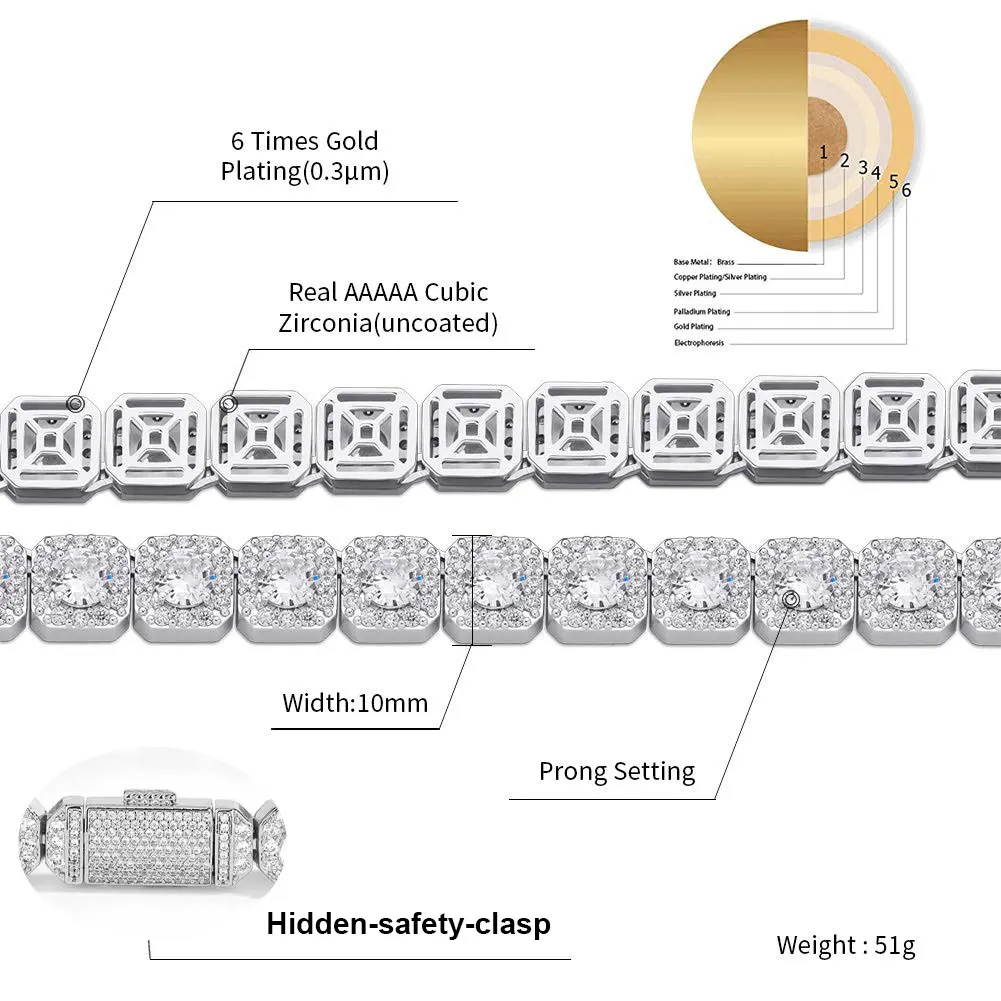 18k Gold Plated Cluster Cubic Zirconia Tennis Chain Bracelet 12mm Iced Out Bling Large Cz Charm Hip Hop Jewelry Gifts NYB015