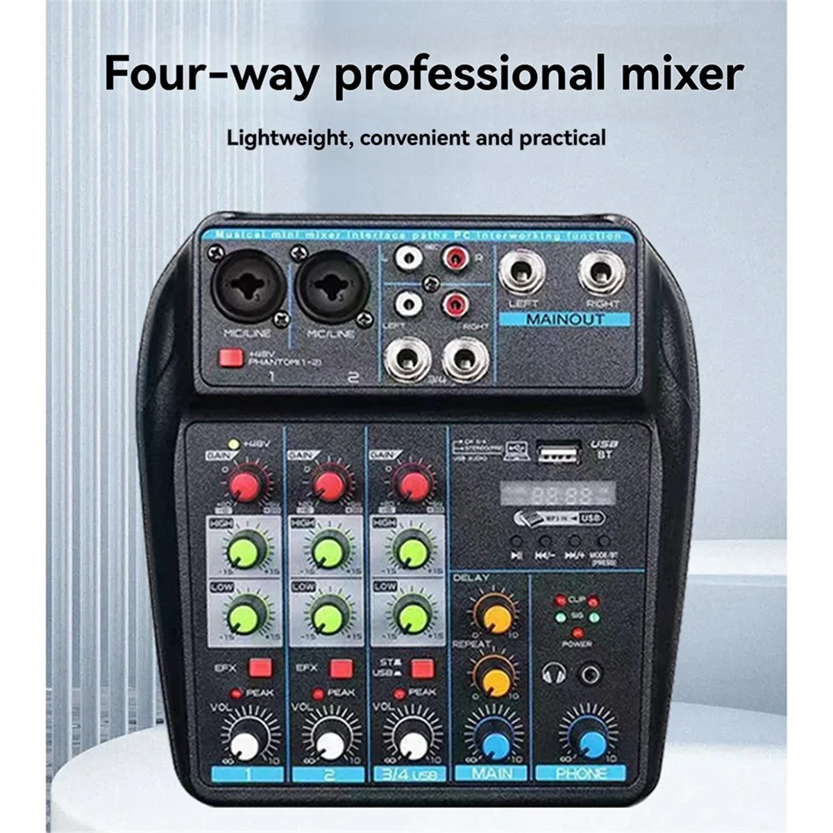 A04R-Professional 4-Channel USB Audio Mixer Console with Bluetooth, Recording Capabilities for DJs and PC Mixing