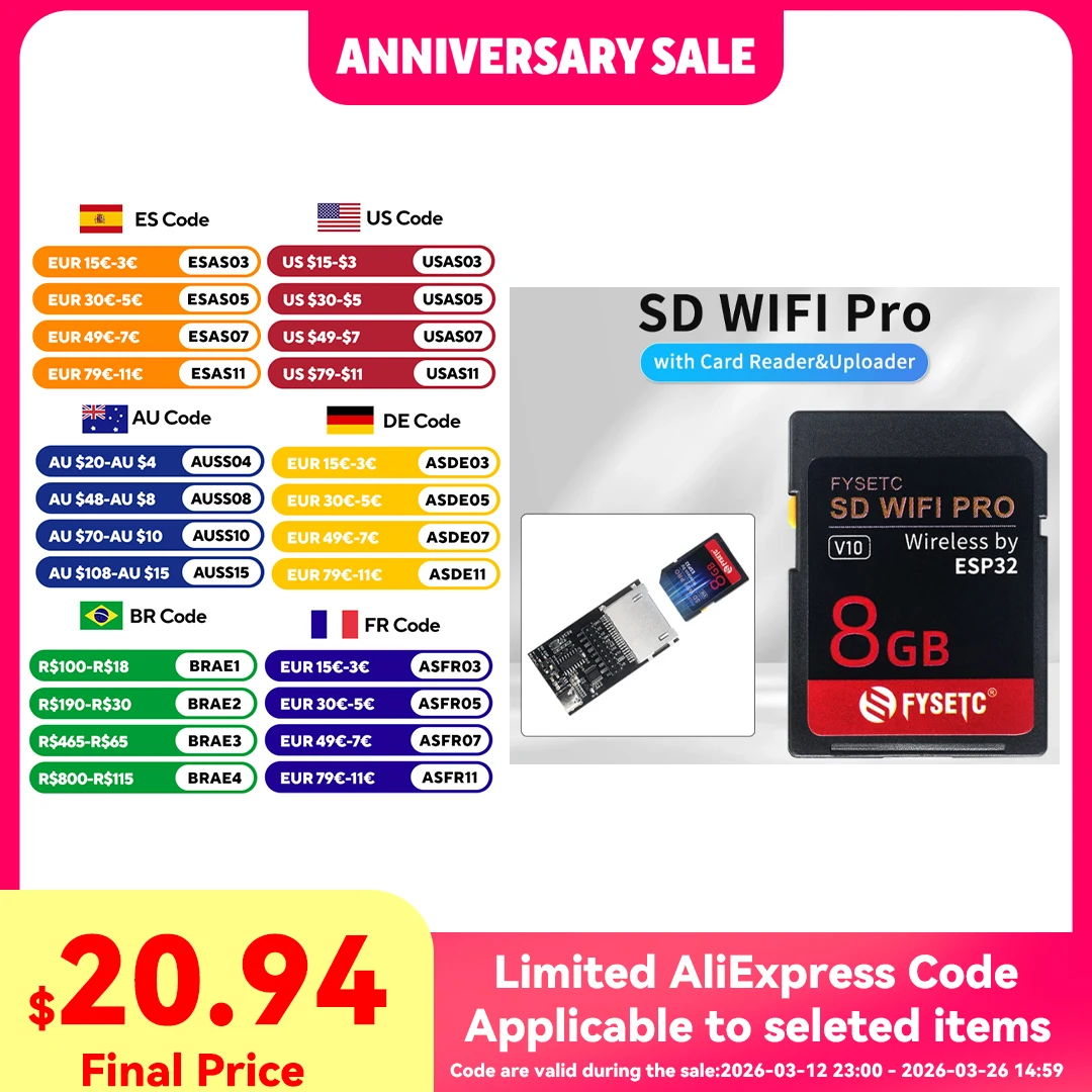 

FYSETC SD WIFI Pro Wireless Transmission 8GB Card Base on ESP32 with Card Reader & Uploader Support websever for 3D Printer