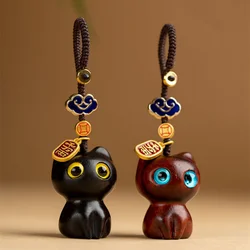 Sandalwood Hand-knitted Wooden Cat Keychain Anime Cute Mobile Phone Chain Wooden Pendant Personality Creative Accessories