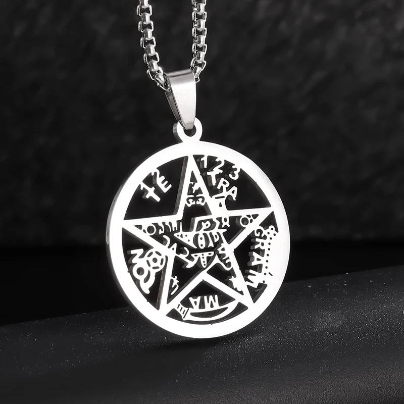 Jewish Four-Letter Hebrew Witchcraft Five-Pointed Star Stainless Steel Pendant Necklace Religious Amulet Jewelry for Men