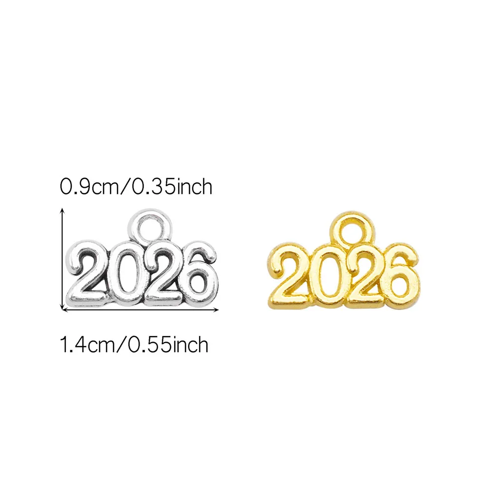 100PCS 2026 Year Number Charms Zinc Alloy Antique Silver Gold Color Pendant Necklace Bracelet Earrings Jewelry Making Accessory