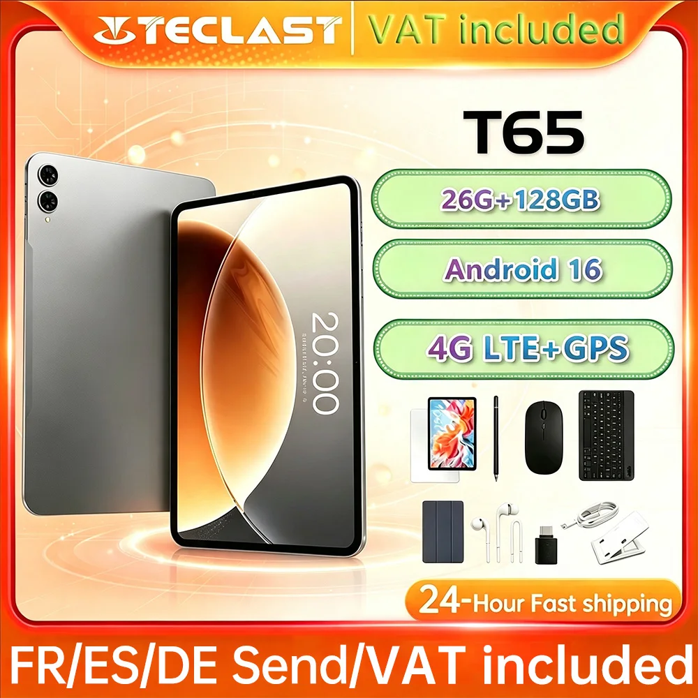 Tablette TECLAST T65, écran 13,4 pouces 120 Hz, Android 16, processeur T7280 8 cœurs, 26 Go de RAM (6 Go + 20 Go), 128 Go de ROM, 4G LTE, GPS, 8000 mAh, charge Type-C, processeur octa-core, tablette PC haute performance pour le jeu, le divertissement, l'apprentissage et les affaires