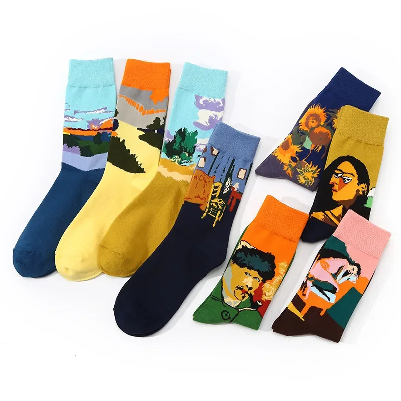 2025 starry night Cotton Funny painting Socks Women Men Western Mona Lisa Kiss Oil Painting Retro-classical Series Couple Sock