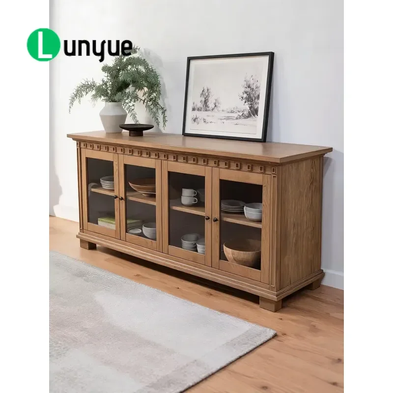 American Country Style Imitation Old Solid Wood Side Cabinet with Metal Handle and Glass Door Fully Assembled French TV