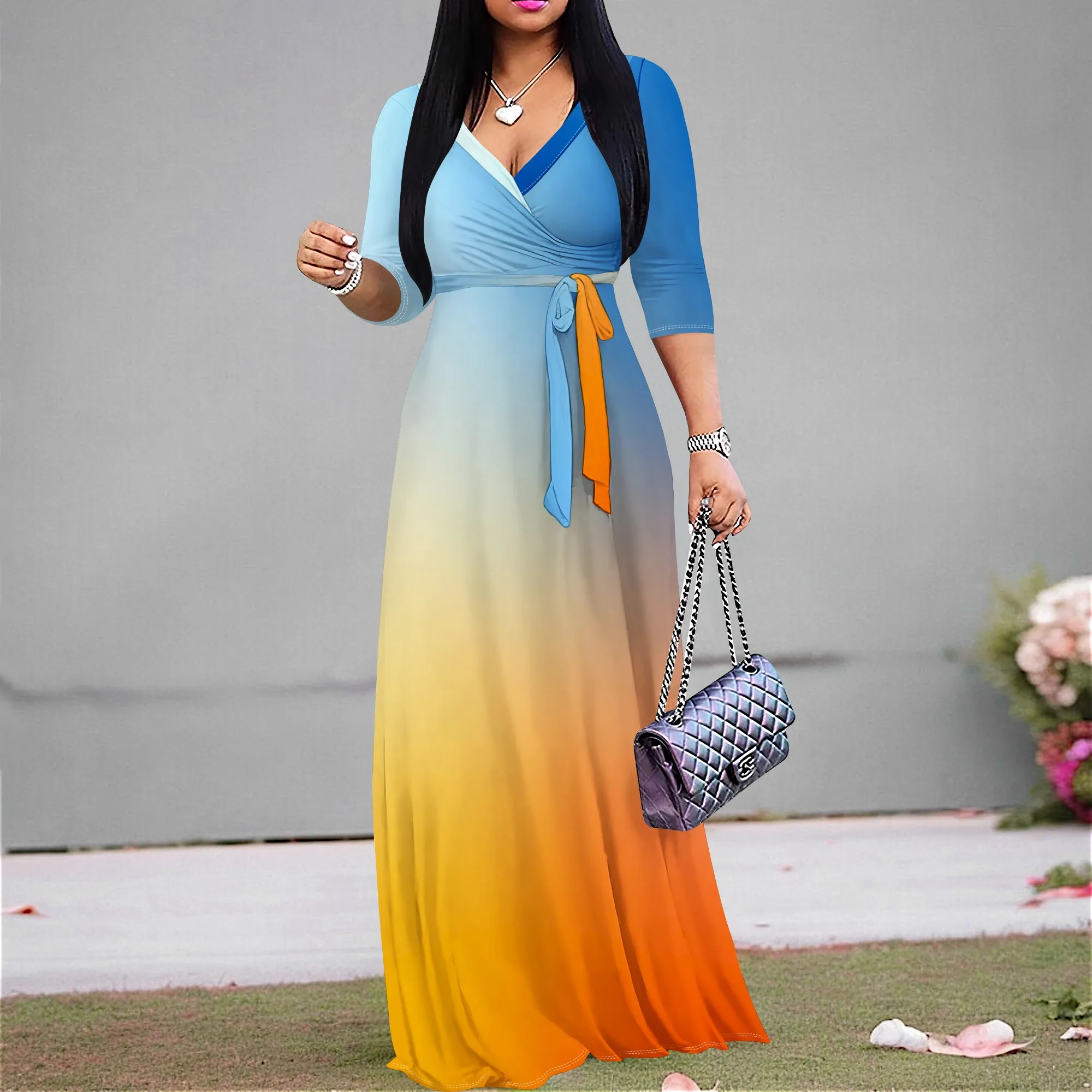 

Blue Orange Ombre Maxi Dress S‑3XL V‑Neck Wrap Style with 3/4 Sleeves for Summer Vacation, Beach Brunch or Sunset Party Look