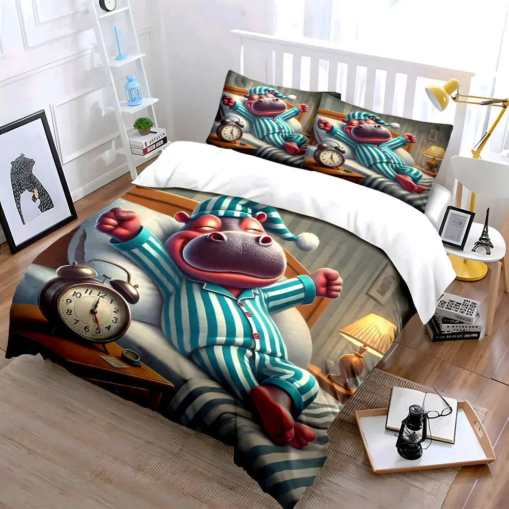 Hippo Pajama Set Relaxation Essentials Soft Skin-Friendly Bedding Set Includes 1 Duvet Cover And 2 Pillowcase, Gift