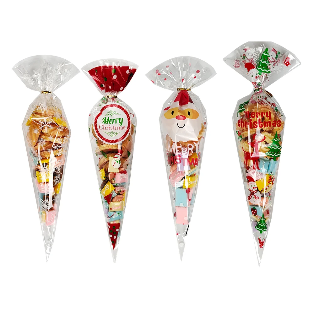 100 Stück Weihnachtsgeschenktüten Weihnachtsmann Schneeflocke Süßigkeiten Keks Kegel Tasche Kunststoff Xmax Verpackung Lieferungen Weihnachtsdekoration 2024 – Detail 2