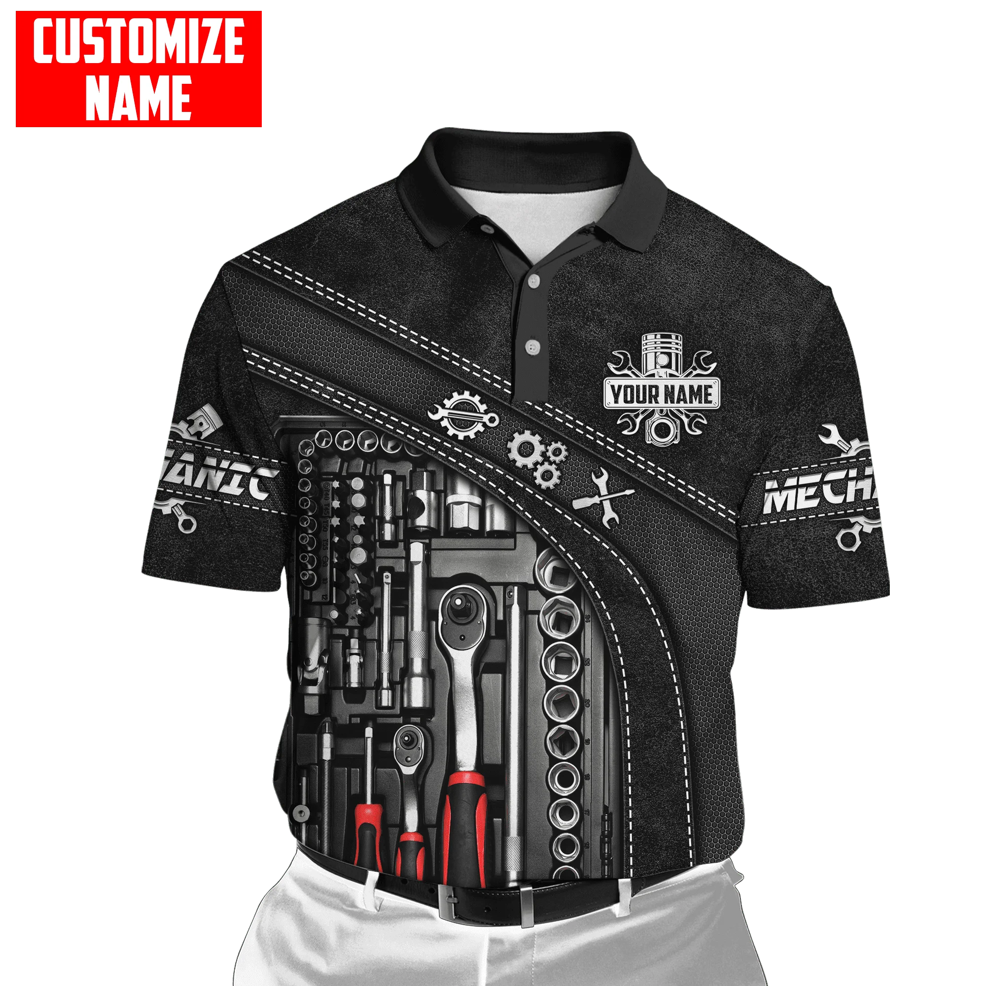 Polo personalizado con nombre mecánico 3D completamente estampado para hombre, camiseta de manga corta de verano, POLO informal de calle, tops WK12