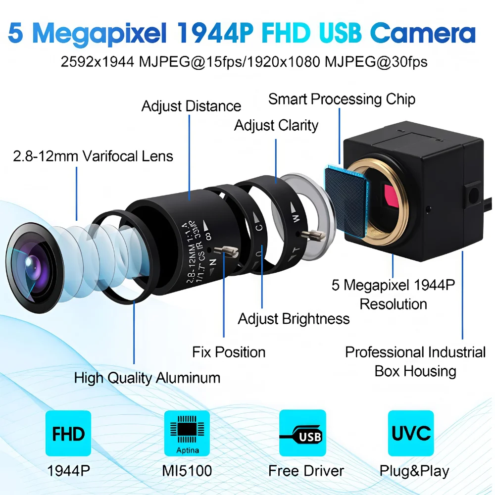 ELP 5MP MI5100 USB Industrial Camera 2.8-12mm 4X Varifocal CS Lens UVC Plug and Play Webcam for Vending Machine