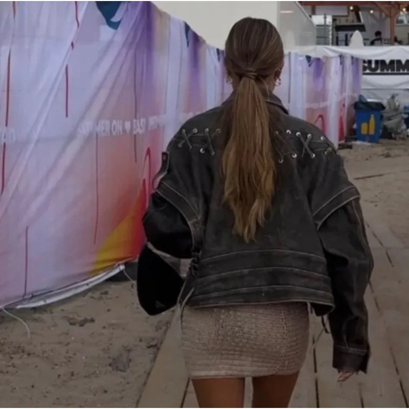 Women's Clothing Luxury Vintage Faux Leather Jacket Trendy Versatile Lace-up Windproof Coat Autumn Winter Jackets Women Tops