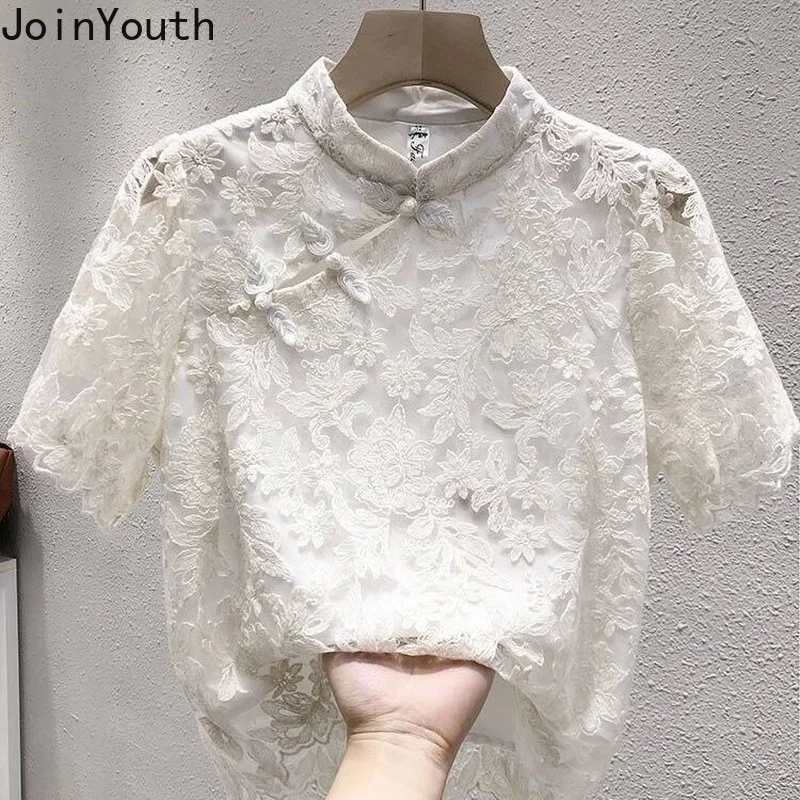 Chiffon Lace Blouse Women Short Sleeve Stand Neck Vintage Shirts 2023 Blusas Mujer De Moda Korean Summer Blouses Tops Femme