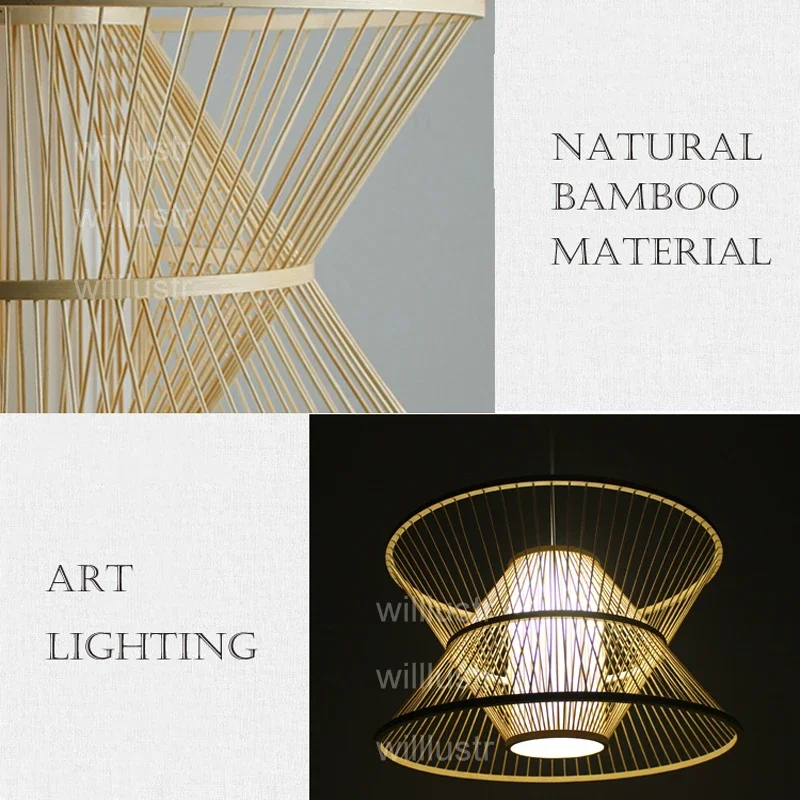 

Handmade Bamboo Pendant Lamp Wood Suspension Light Hotel Restaurant Nordic Mall Pastoral Hanging Ceiling Chandelier