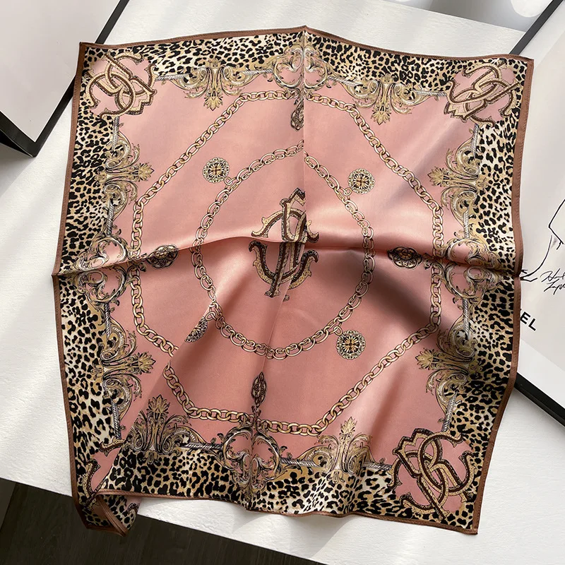 NEW Spring Summer 100% Nature Silk Scarf For Women Leopard Chain Print Small Square Silk Neck Tie Hair Scarf Kerchief Femme