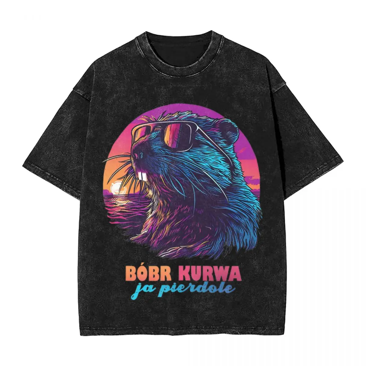 Synthwave Polish Beaver Meme Ja Pierdole Bobr Bobr Kurwa Washed T Shirt Streetwear T-Shirt Men Women Harajuku Printed Tee Shirt