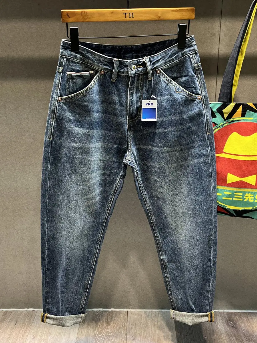 

Мужские прямые джинсы Ameika Ji, повседневная весенне-осенняя одежда с ботинками, свободная посадка Harlan Sle, классическая синяя джинсовая одежда