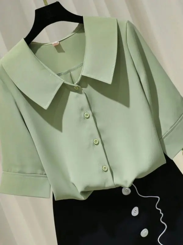 한국 스타일 느슨한 쉬폰 셔츠 여성 반팔 여름 새로운 캐주얼 슬리밍 트렌디 탑 편안한 통기성 경량