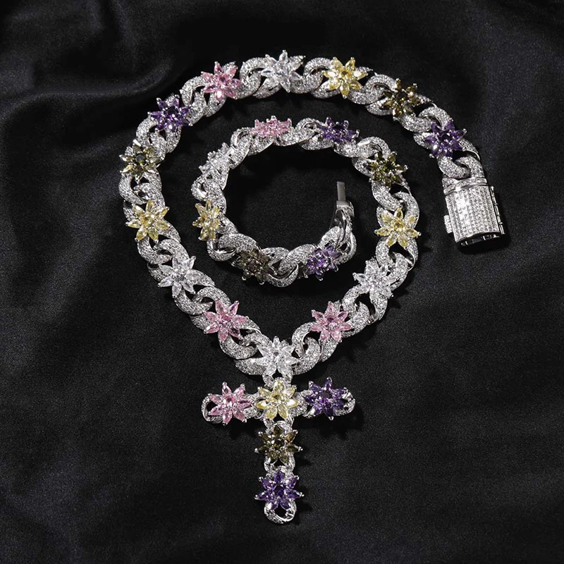 

Hip Hop 5A+ CZ Stone Paved Bling Iced Out Snowflake Shape Link Chain Cross Pendant Necklace for Men Women Unisex Rapper Jewelry