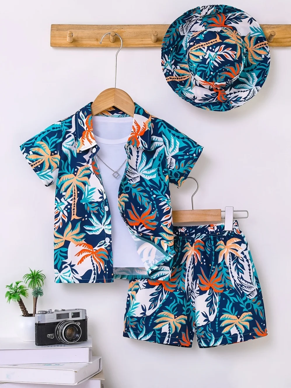 Jungen Sommer Kokosnussbaum-Muster Kurzarm-Hemd Set 2-teilig Hawaiianischer Strandurlaub-Stil Lässige Kinderkleidung für Jungen – Detail 8