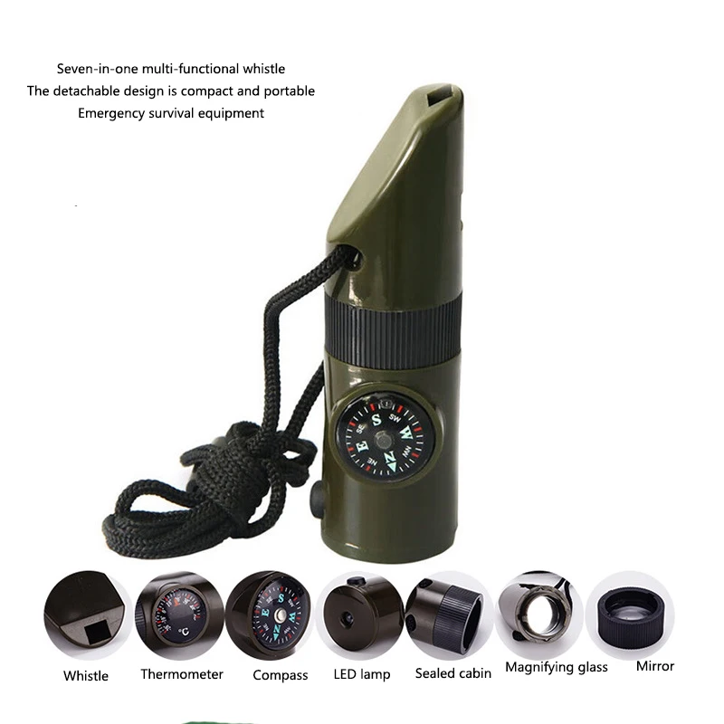 Outdoor Seven-in-one High-frequency Whistle Survival Emergency Multi-functional Compass Fire Exit Emergency Whistle