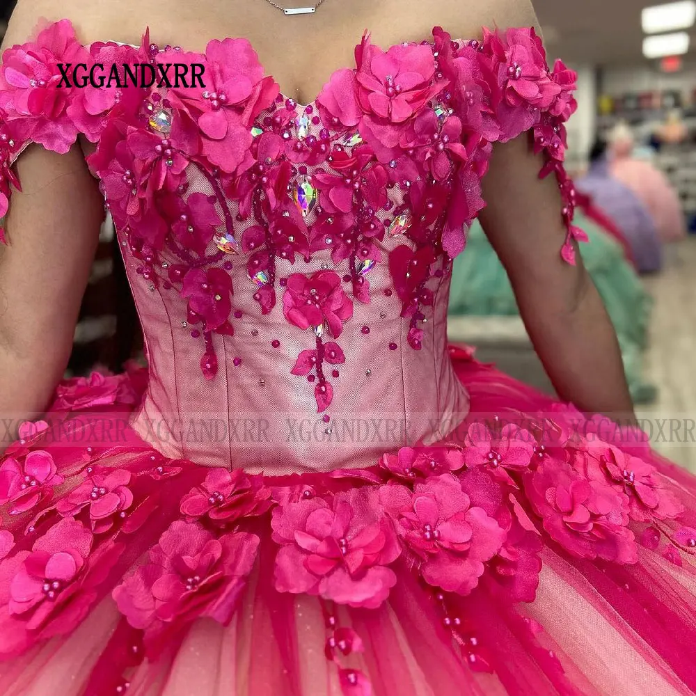 Vestidos De quinceañera rosas elegantes, Vestidos De 15 Años con cuentas, flores florales en 3D, hombros descubiertos, dulce 16, fiesta De cumpleaños Formal, 2024