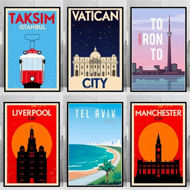 Vintage World Travel Wall Art  Canvas Prints of Taksim Tel Aviv Toronto Vatican Retro Posters for Home Decor