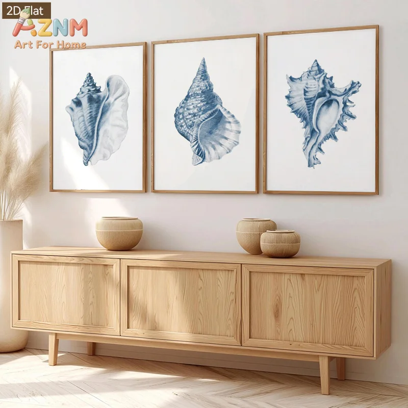 1pc/3pcs Blue Spiral Conch Wall Art Minimalist Ocean-Themed Canvas Paintings Suitable for Room Decor