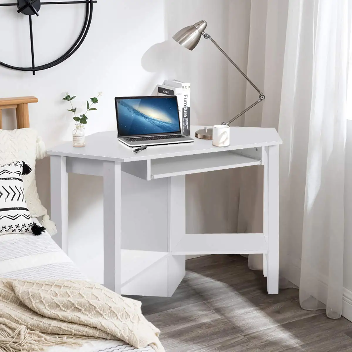 Corner Computer Desk, Triangle Table With Keyboard Tray And Shelves, Compact Vanity Table For Small Spaces, Small Corner Desk Fo