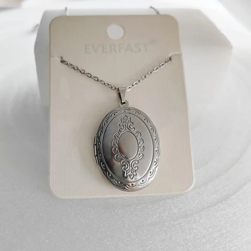 1pc Engraved Flower Oval Stainless Steel Photo Frame Pendant Lucky Charms Locket Necklaces Women Men Family Memorial Jewelry