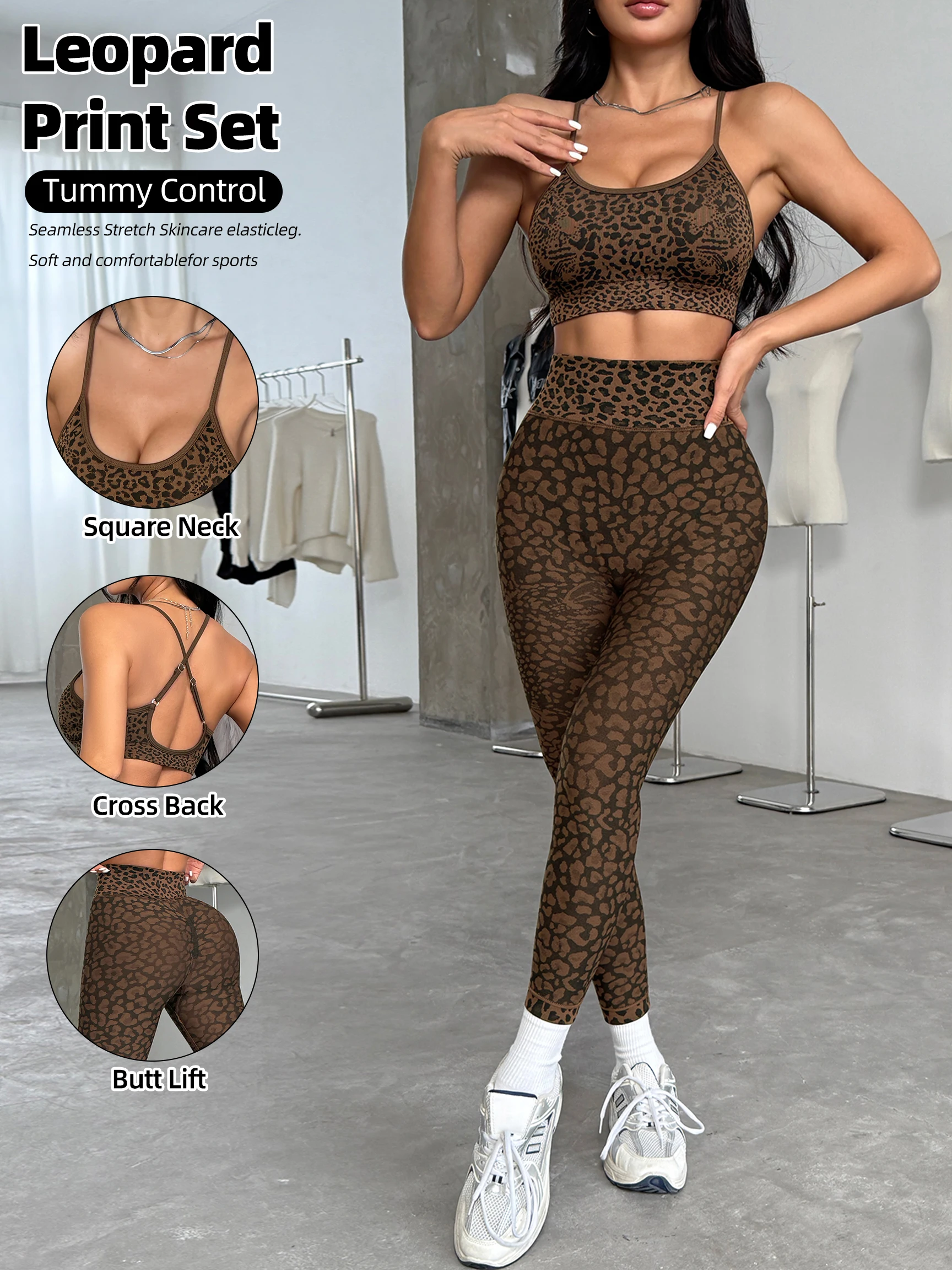  2Pcs Seamless Leopard Print Yoga Fitness Sports Cross Back Bra And Hip Lift Pant Women's Pilates Exercise Set Gym StreetWear