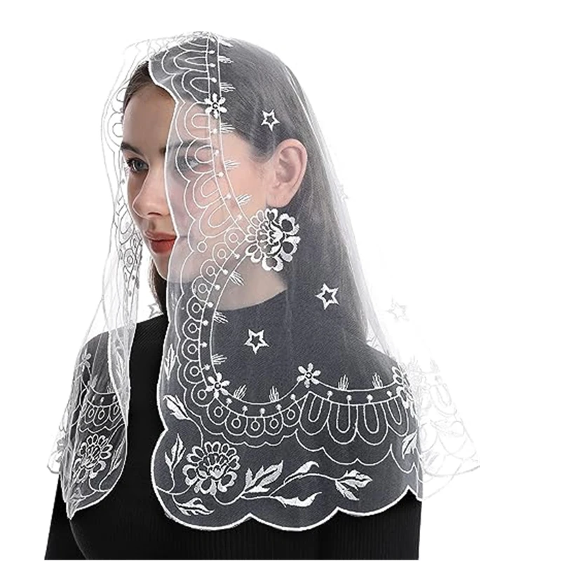 Embroidery Spanish Traditioanl Triangle Scarf Black and White Christian Church Veils for Women