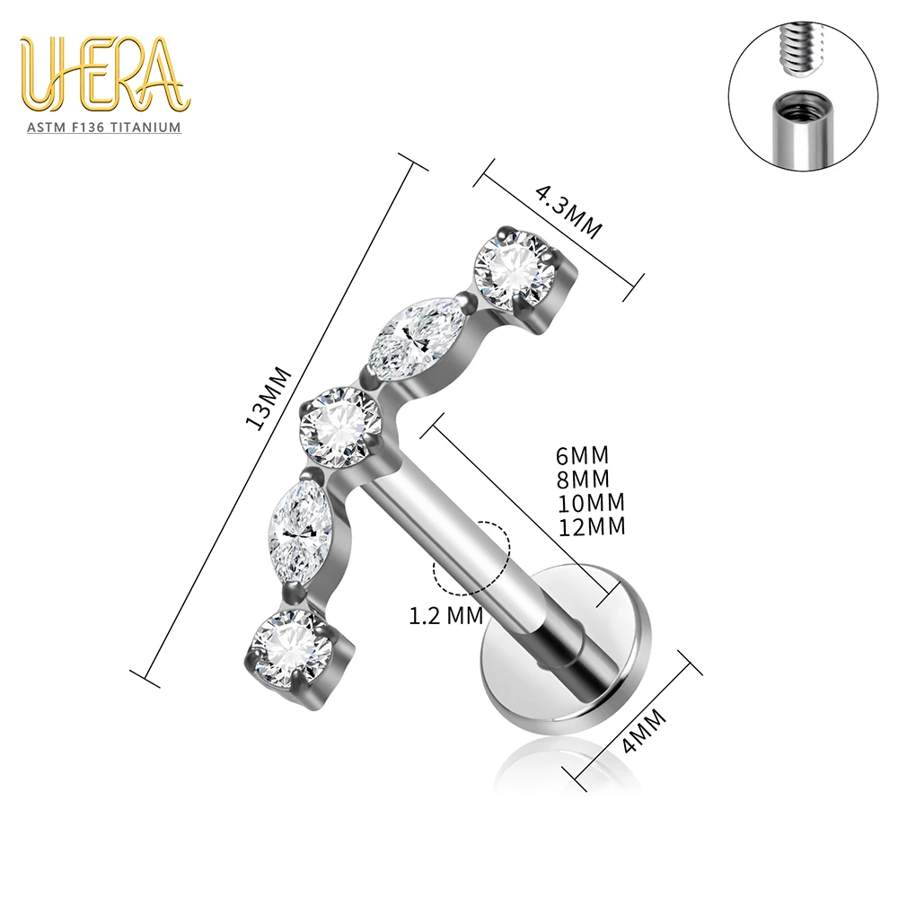 G23 ASTM F136 Titan Labret Stud mit Schmetterlings-Mond-Top und Baguette-Zirkonia, Innengewinde, für Knorpel-, Ohr-, Lippen- und Körperpiercings – Detail 4