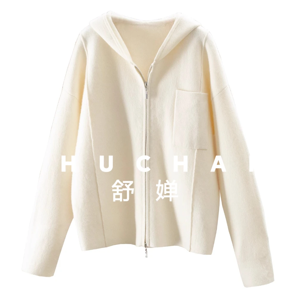

100% Cashmere Hooded Double Zipper Sweater Cardigan Women's 50F2 Knitted Cardigan Long Sleeve Top 600g
