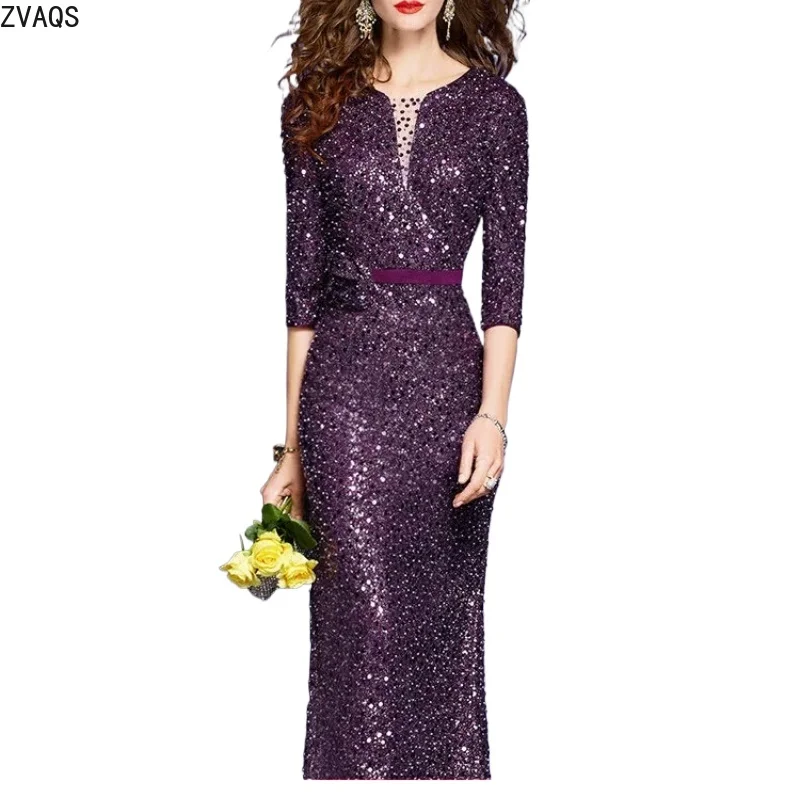 

ZVAQS Dresses for Women New Arrival Spring Luxury Sequin Dress Women Elegant Mature Sexy Long Evening Party Gown Женская Одежда