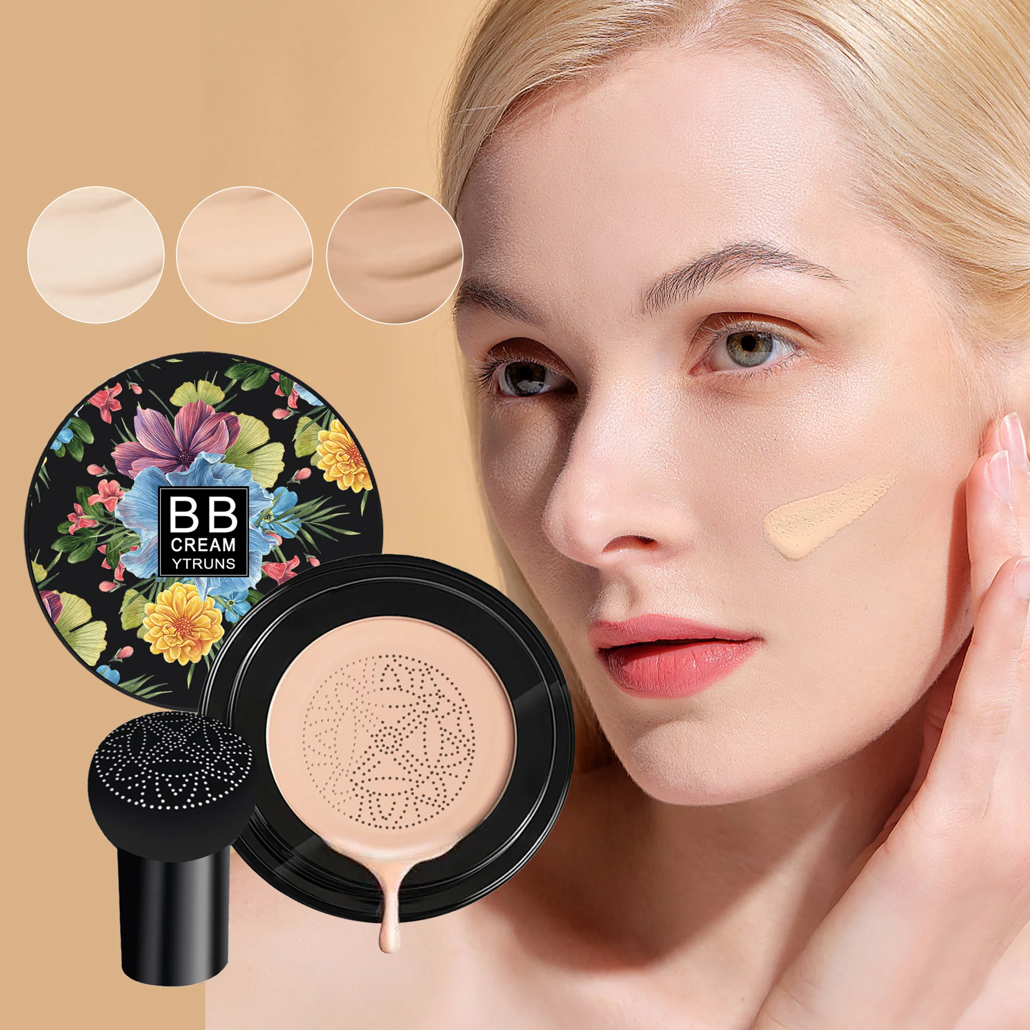 Mushroom Head Air Cushion BB Cream, Moisturizing Concealer Foundation, Brightening Natural Nude Makeup with Mushroom Puff