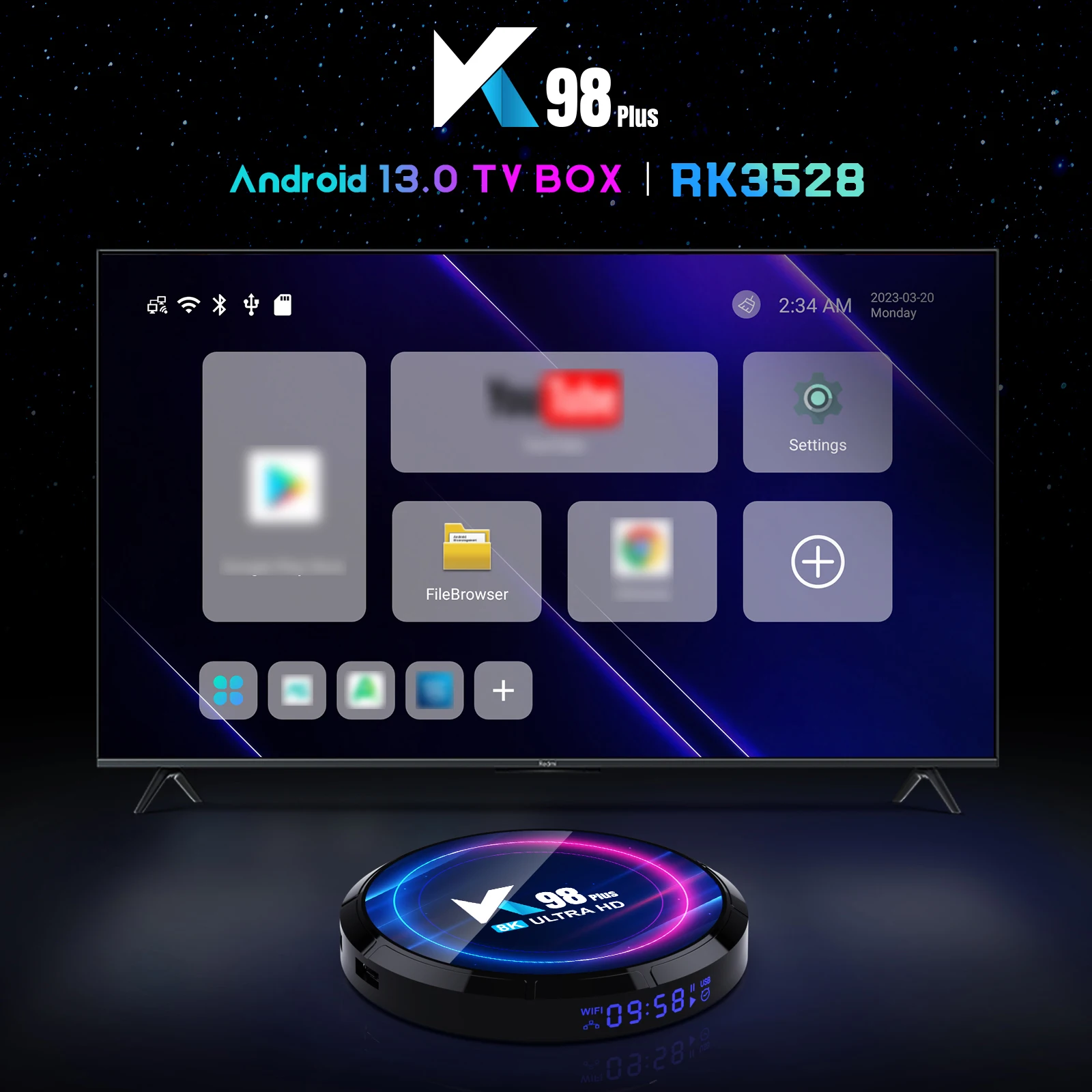 Android 13.0 Smart TV Box RK3528 Quad-core UHD 4K Media Player H.265 8K Decoding HDR10+ 2.4G/5G WiFi6 BT 4GB+32GB/64GB K98 PLUS