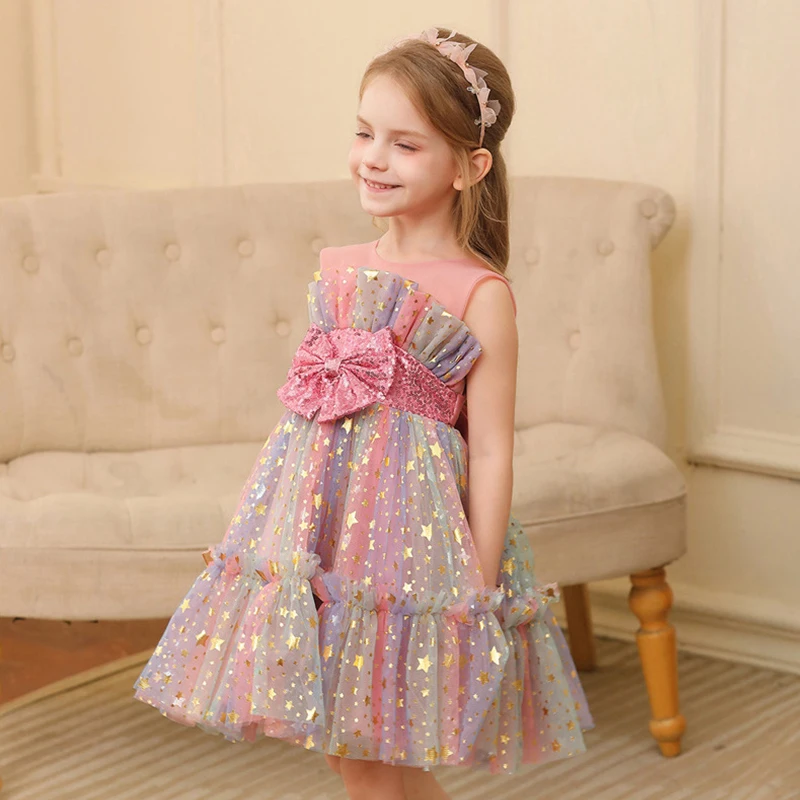 Children's Shining Starry Sky Dress for Birthday Elegant Girl Party Dress Sleeveless Mesh Bow Dresses for Daily Princess Costume