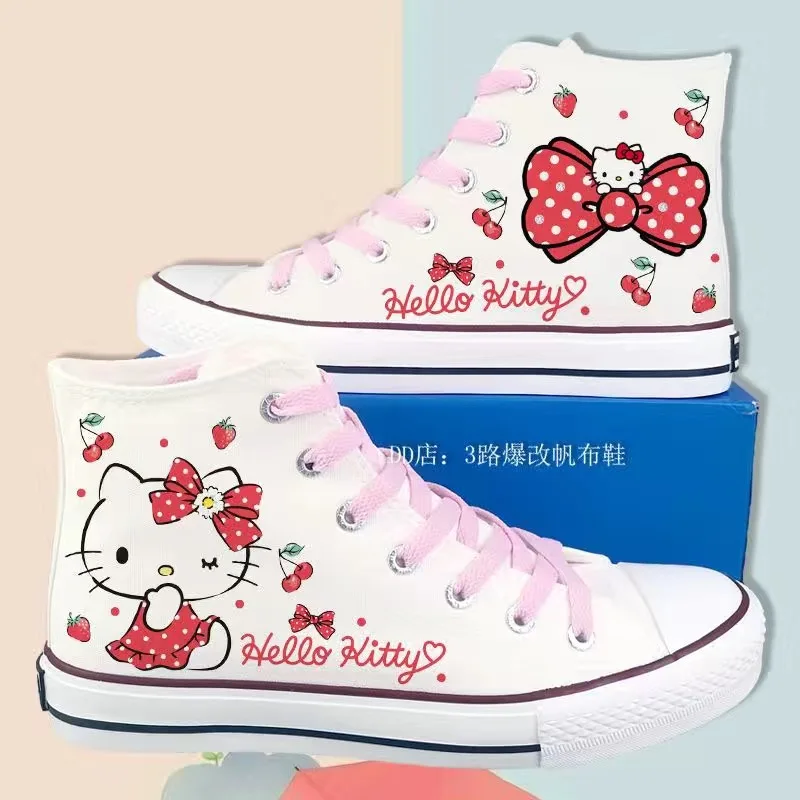 Sanrio Kitty Lolita Shoes High Top Canvas Shoes for Women Hello Kitty Printed Student Casual Flat Sneakers 2024 New Women Shoes