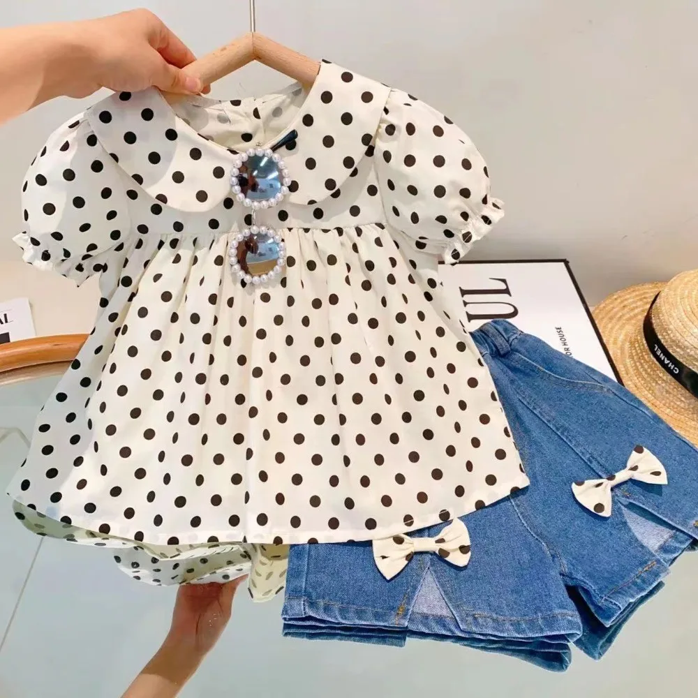 Summer Korean Version Casual Girls' Clothing Polka Dot Print Short Sleeved Lapel Top and Bow Denim Shorts Kids Two-piece Set