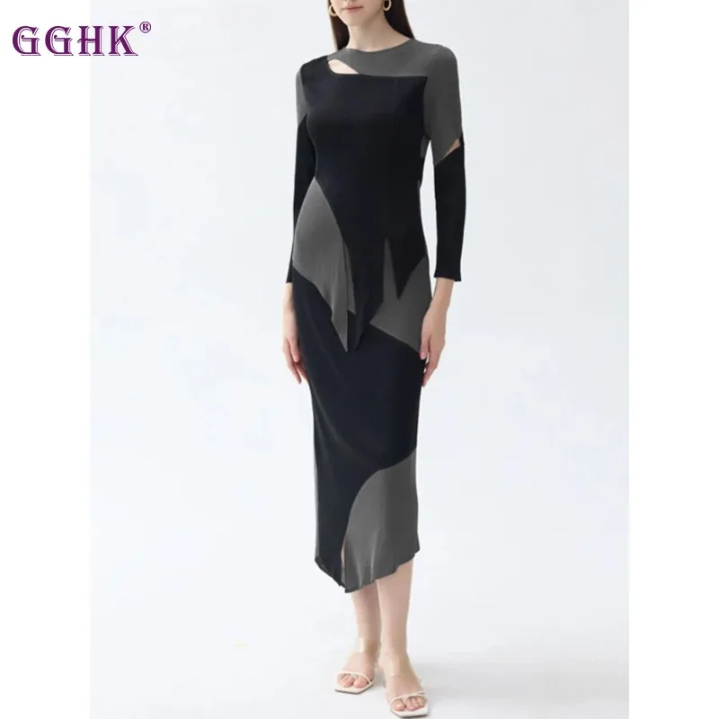 

GGHK Miyake Pleated Women Set Splicing Design Long Sleeve Vintage Top Fashion Irregular Half Skirt Women Fall New 2 Piece Set