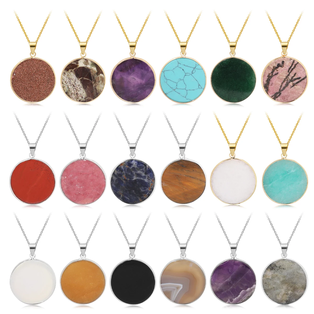

Bohemian Style Multicolored Round Natural Stone Pendant Necklace Tiger's Eye Green Jade etc Jewelry Men Women Anniversary Gift