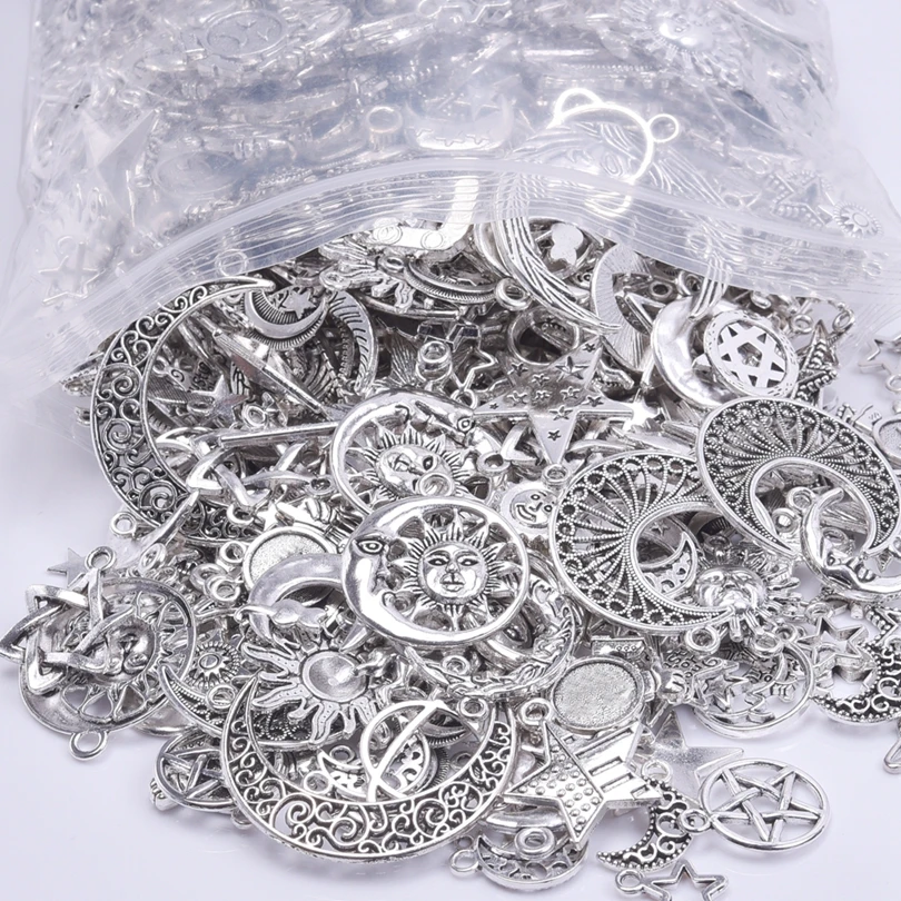 10/20/30pcs Chic Galaxy Series Sun Star Moon Retro Silver Color Pendant Different Style Hollow Assorted Charms DIY Crafts Making